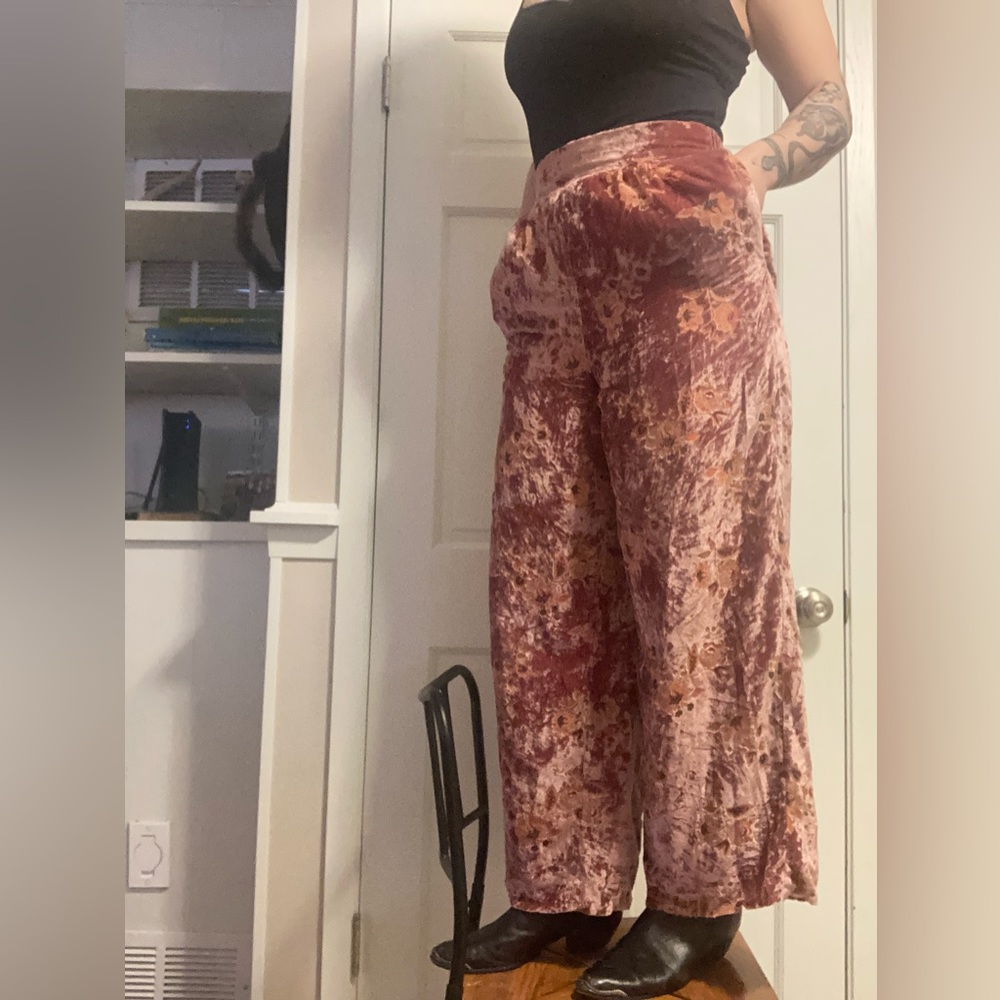 Pink floral velvet trousers